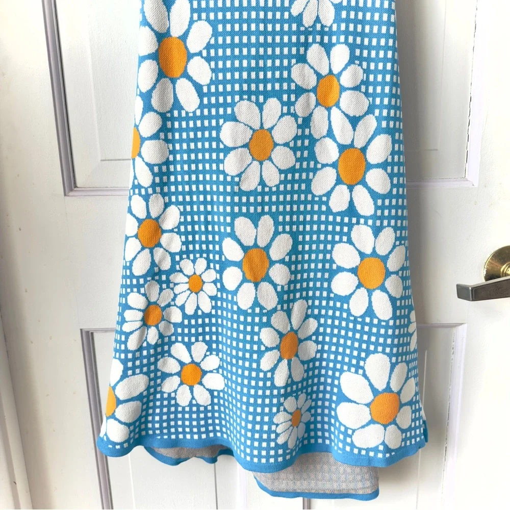 Zara Blue Gingham Daisy Knit Mini Dress Size Large - Picture 7 of 12